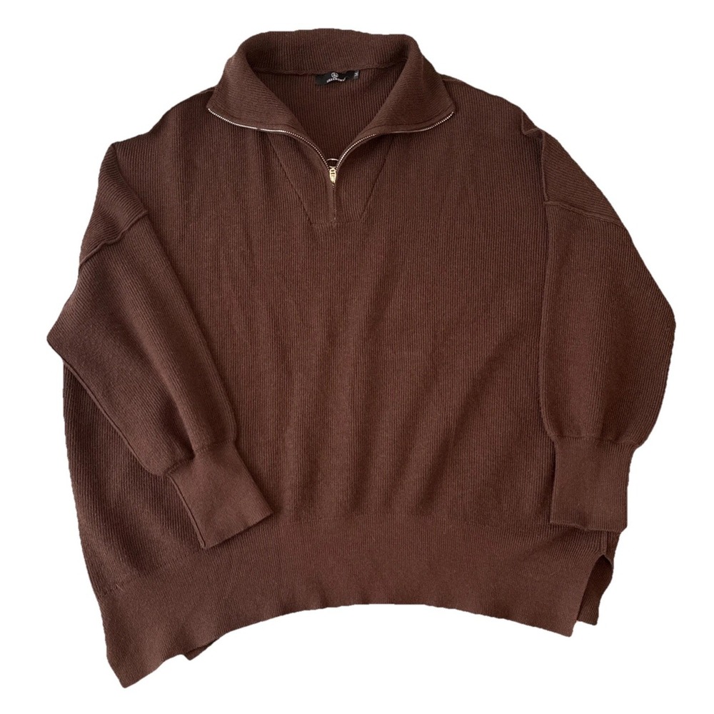 Lillusory Neutral Brown Oversized Ribbed Knit 1/4 Zip Pullover Sweater M Boho
